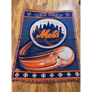 MLB New York Mets Tapestry Blanket Men OS Blue Orange Excellent Woven Throw Rug